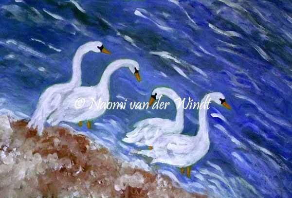 040 Vier zwanen aan het water - kunstreproductie