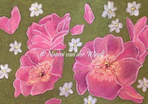 132 Roze en witte bloemen - dubbel gevouwen kunstkaart incl. envelop