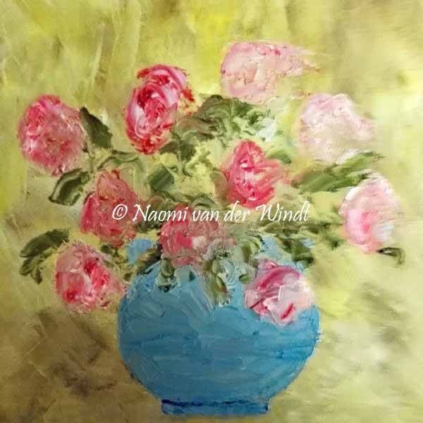 153 Roze rozen in blauw vaasje - dubbel gevouwen kunstkaart incl. envelop