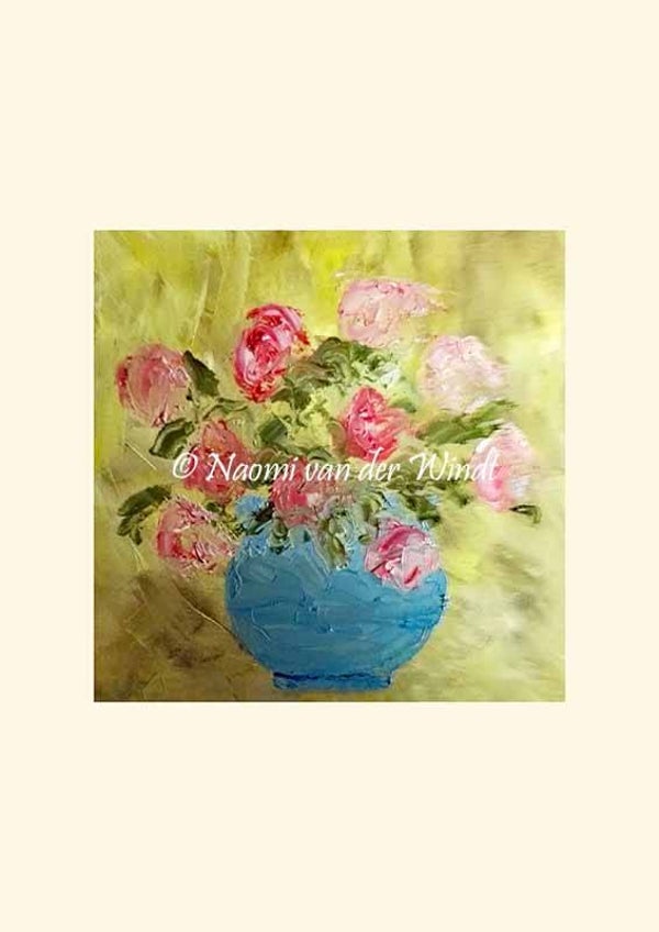 153 Roze rozen in blauw vaasje - op A4 of A3 papier
