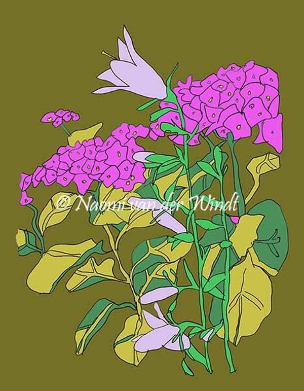 159 Hortensia en paarse bloemen - kunstreproductie