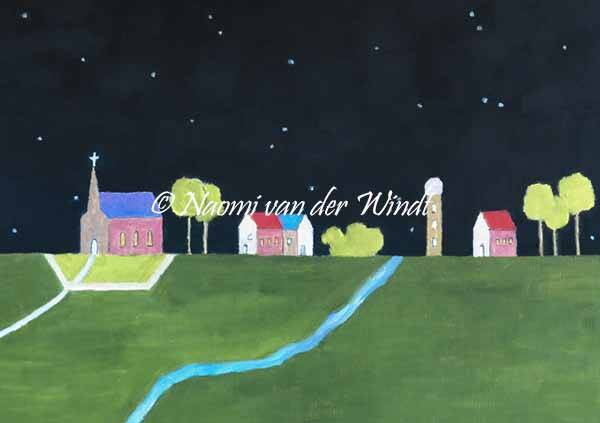 172 Dorpje onder de sterren - dubbel gevouwen kunstkaart incl. envelop