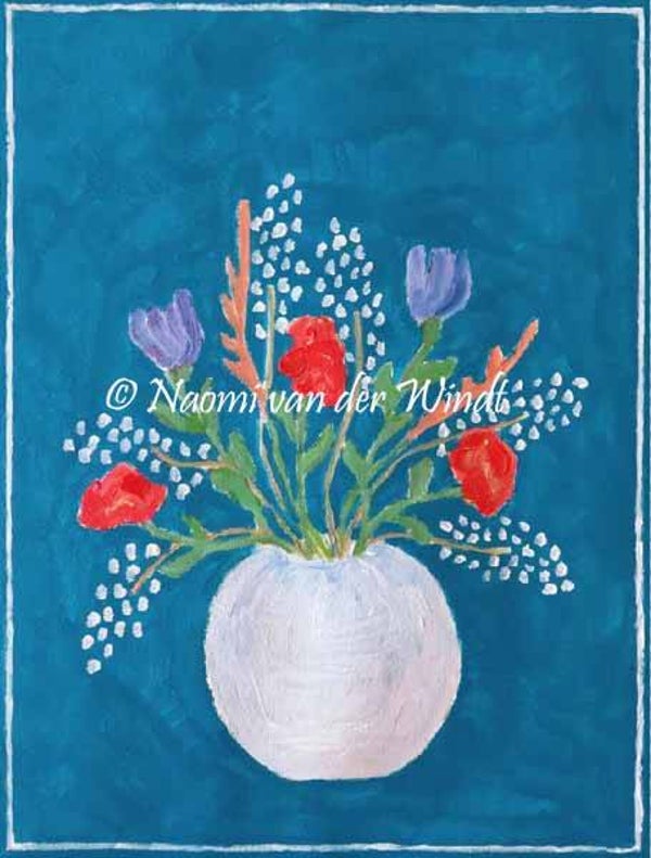 180 Veldbloemen in wit vaasje  - dubbel gevouwen kunstkaart incl. envelop