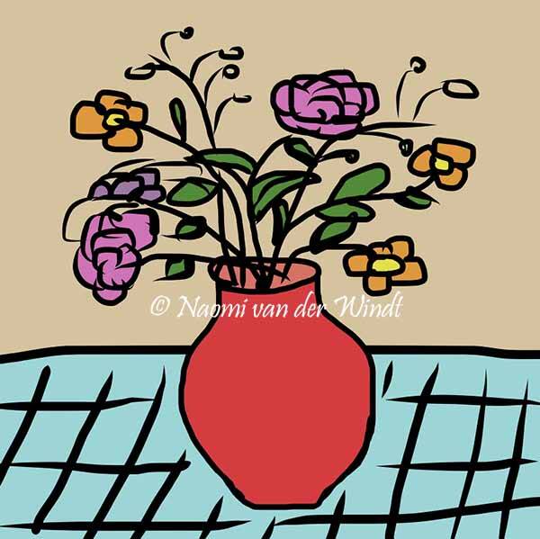 201 Rode vaas met veldbloemen - dubbel gevouwen kunstkaart incl. envelop