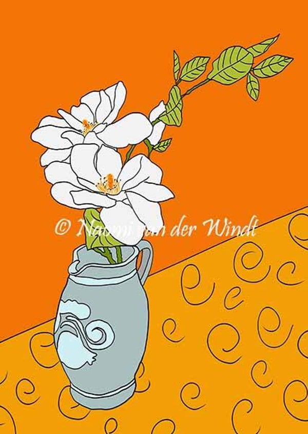 207 Witte bloemen in oude pot - kunstreproductie