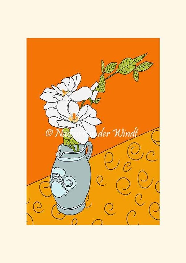 207 Witte bloemen in oude pot - op A4 of A3 papier