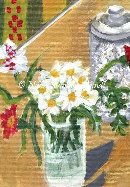 249 Vaas met witte en rode bloemen - dubbel gevouwen kunstkaart incl. envelop