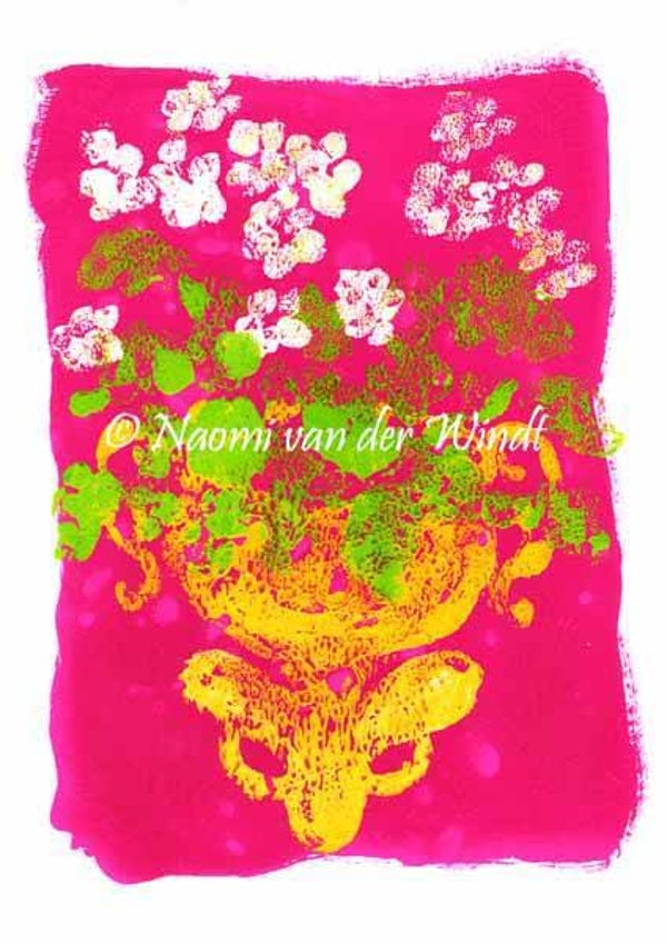 255 Geel ornament met witte bloemen - kunstreproductie