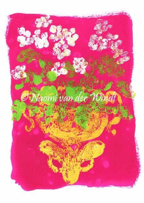 255 Geel ornament met witte bloemen - dubbel gevouwen kunstkaart incl. envelop