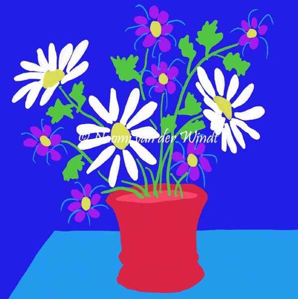 258 Veldbloemen in rood potje - dubbel gevouwen kunstkaart incl. envelop