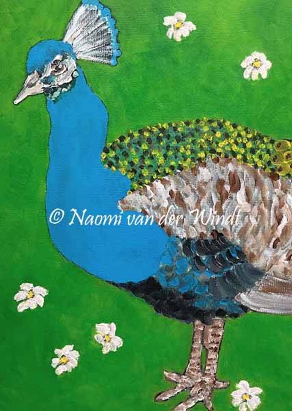 264 Pauw met madeliefjes - dubbel gevouwen kunstkaart incl. envelop