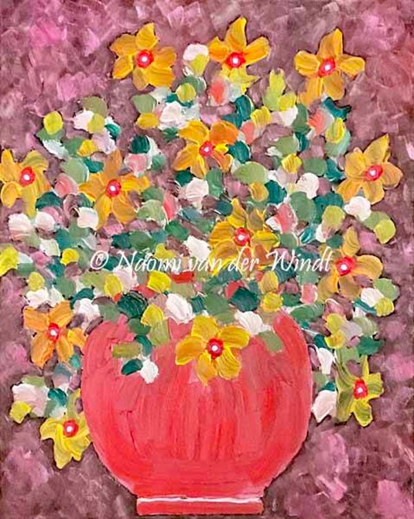 268 Roze vaas met gele bloemen - kunstreproductie