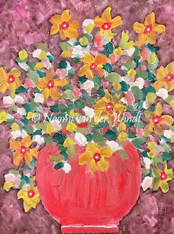 268 Roze vaas met gele bloemen - dubbel gevouwen kunstkaart incl. envelop