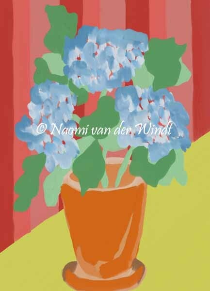 270 Blauwe hortensia in terracotta potje - kunstreproductie