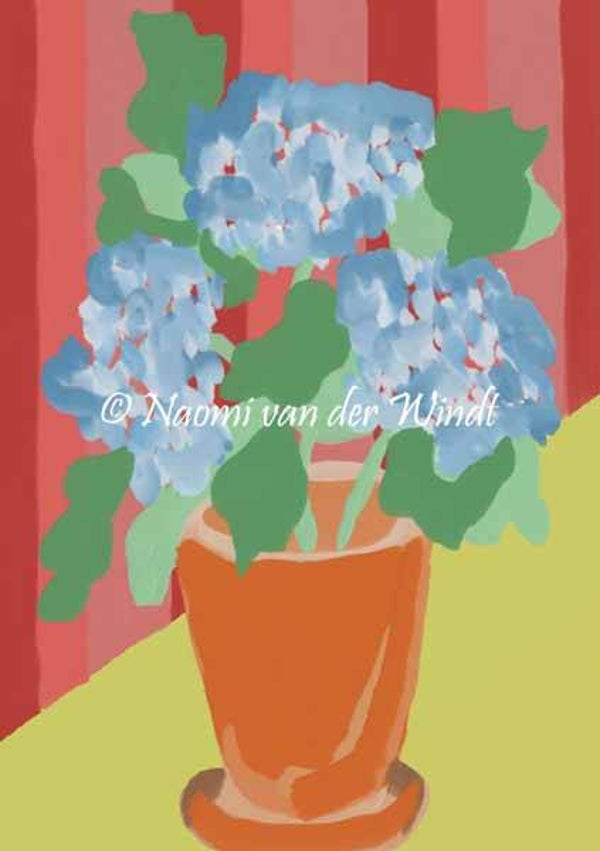 270 Blauwe hortensia in terracotta potje - dubbel gevouwen kunstkaart incl. envelop