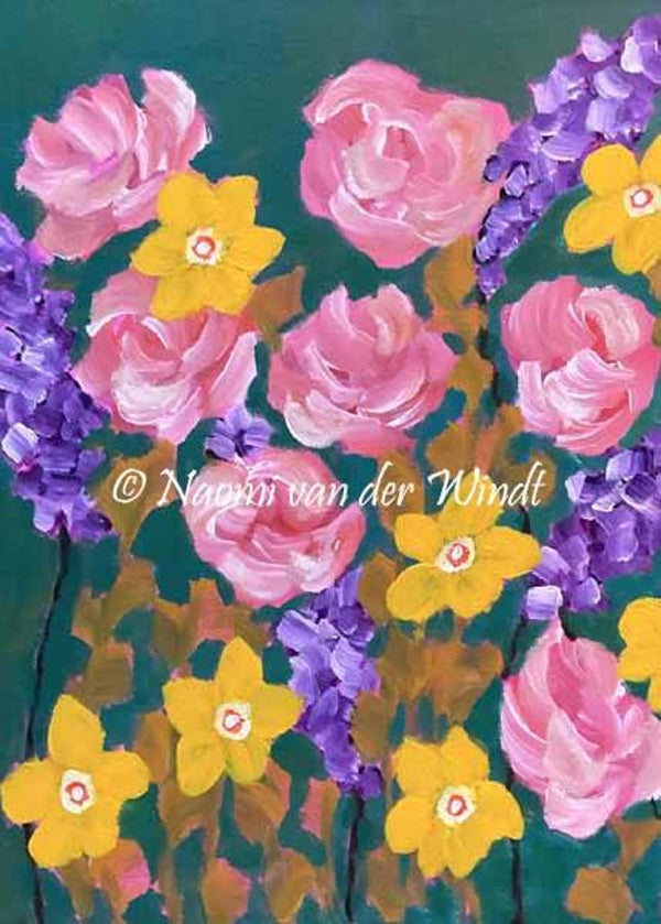 271 Rozen, lavendel en gele bloemen - dubbel gevouwen kunstkaart incl. envelop