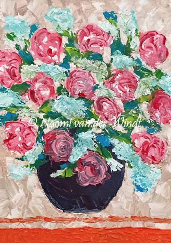 278 Paarse pot met rozen en blauwe bloemen - dubbel gevouwen kunstkaart incl. envelop