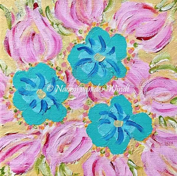 291 Blauwroze bloemen - dubbel gevouwen kunstkaart incl. envelop