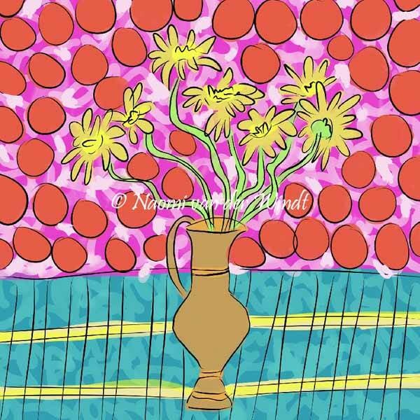293 Gele gerbera's in koperen vaasje - dubbel gevouwen kunstkaart incl. envelop