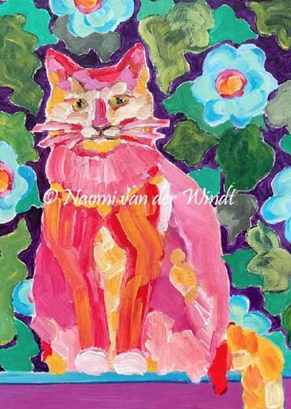 294 Roze kat en blauwe bloemen - dubbel gevouwen kunstkaart incl. envelop
