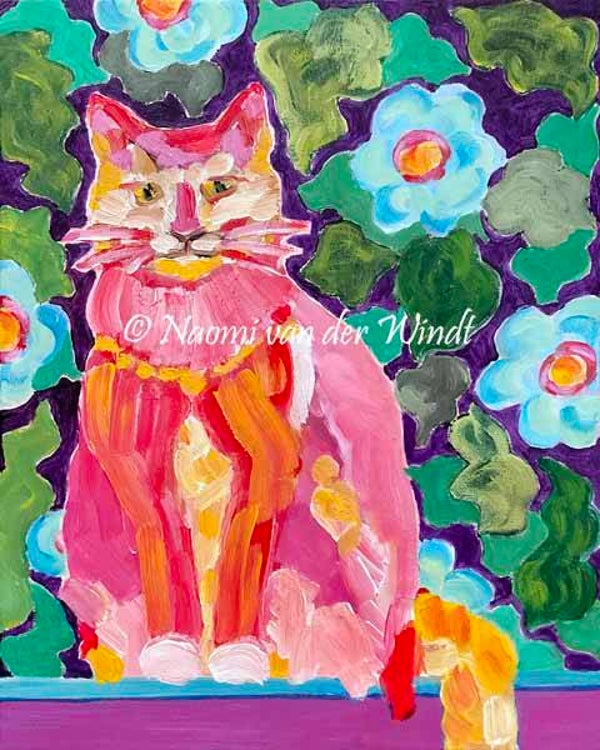 294 Roze kat en blauwe bloemen - kunstreproductie