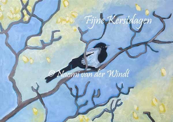 Kerstkaart 222 Ekster op tak - dubbel gevouwen kunstkaart incl. envelop