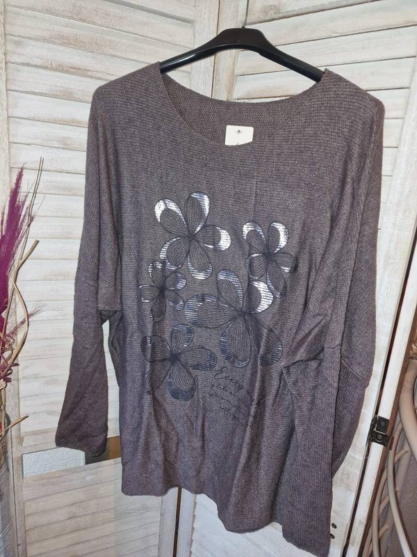 Feinstrick Pullover Blumen mit Silberfolien aufdruck