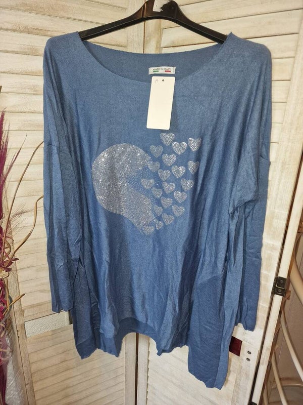 Leichter  Feinstrick  Pullover Herz mit Strasssteine