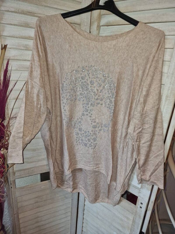 Leichter Feinstrick Pullover Skull mit Strasssteine