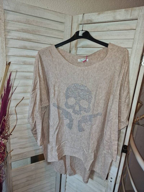 Leichter Feinstrick Pullover Skull mit Strasssteine