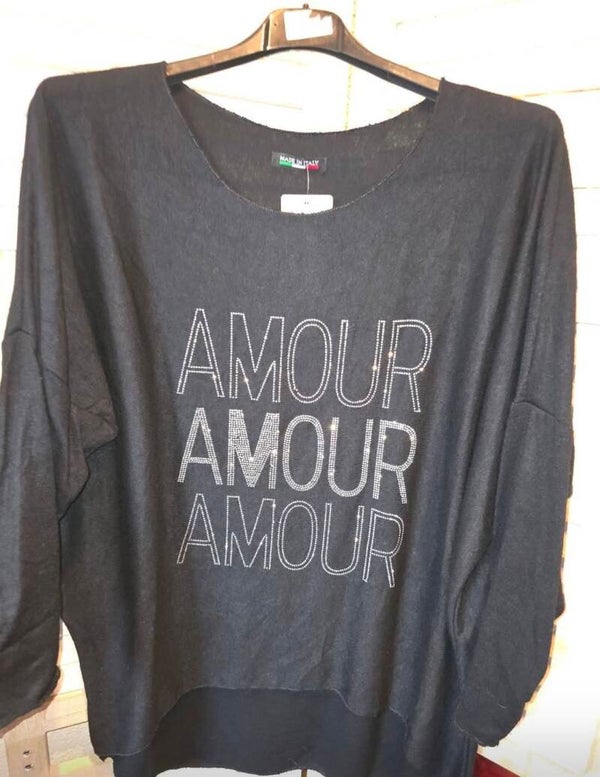 Leichter Feinstrick Pullover  "AMOUR AMOUR " mit Strasssteine