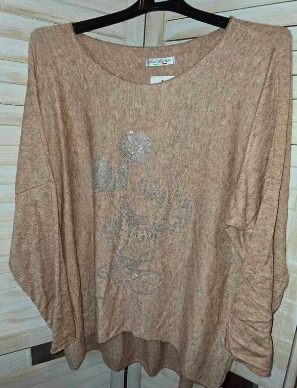 Leichter Feinstrick Pullover Motiv Mickey  mit Strasssteine