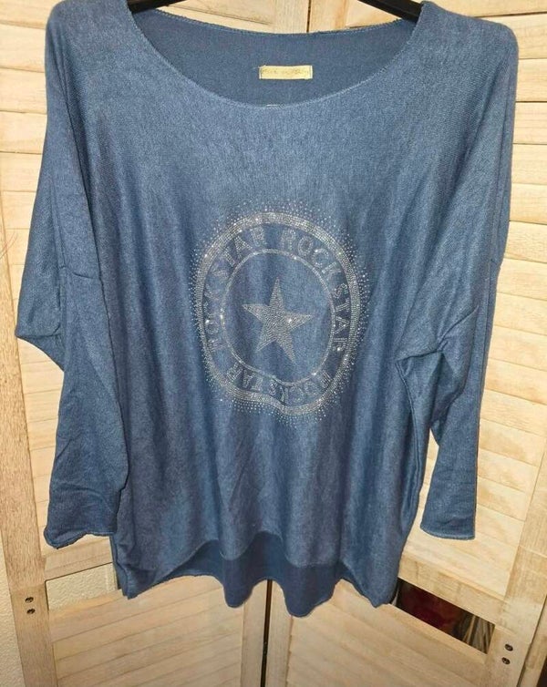 Leichter Feinstrick Pullover "ROCKSTAR " mit Strasssteine