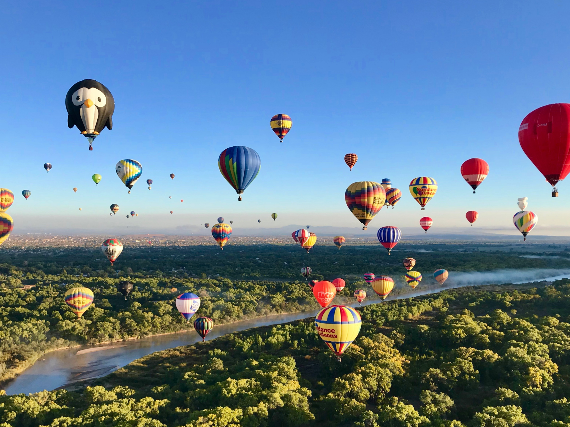 Hete luchtballonnen in verschillende kleuren zweven boven het landschap en de rivier tijdens het Albuquerque International Balloon Fiesta
