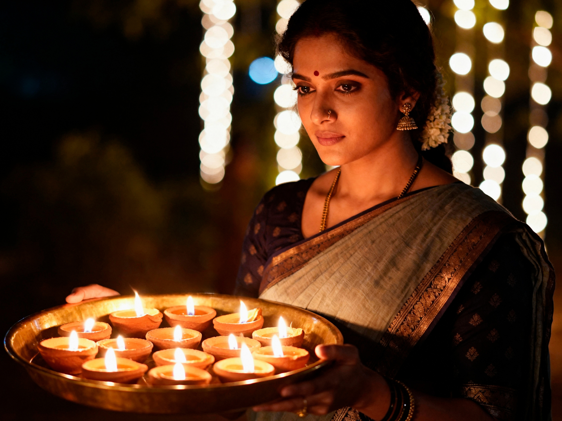Een vrouw draagt een schotel met lichtjes tijdens Diwali en Dev Deepawali in India