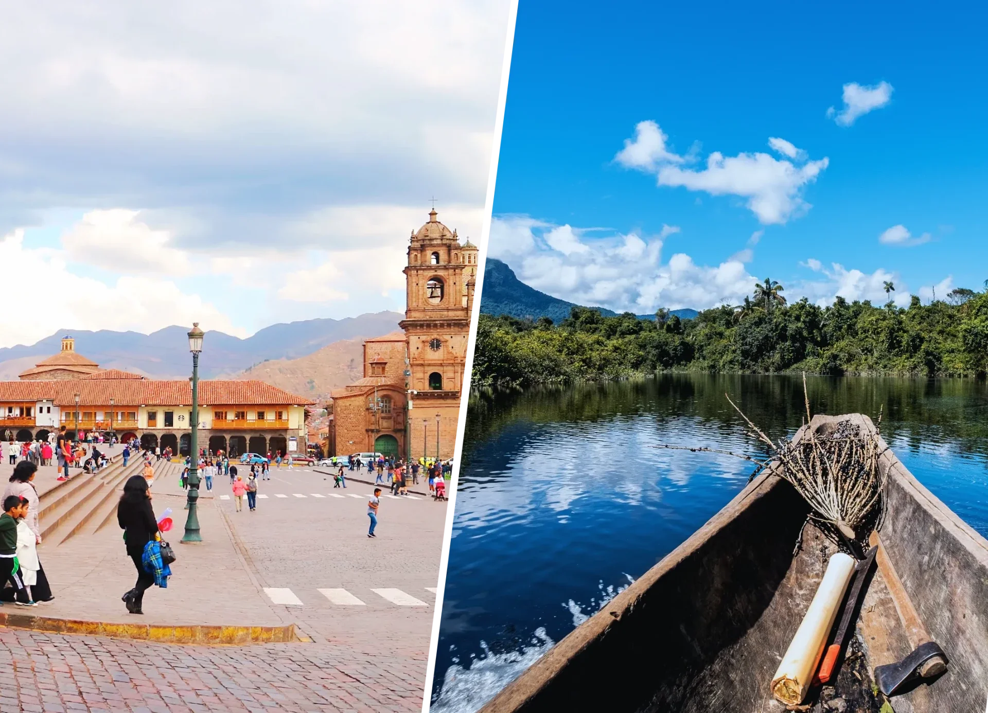Een plein in Cuzco en een boot die over de Amazone vaart.