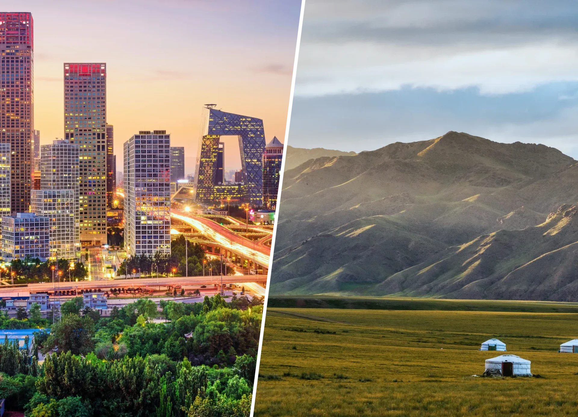 De skyline van Peking en gers op een vlakte in Mongolië