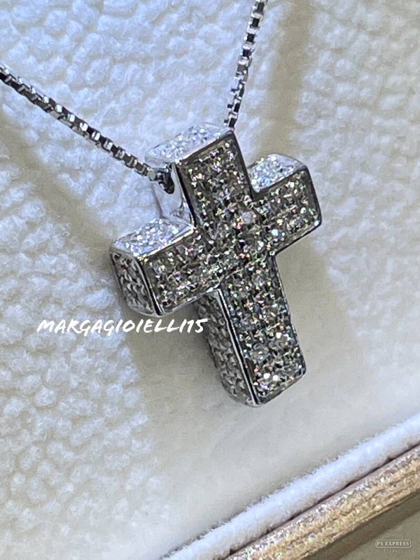 COLLIER GIROCOLLO COLLANA IN ORO BIANCO 18 KT E CROCE A PAVE' DI DIAMANTI SU TUTTI I LATI CARATURA 0,69 CT - BATTESIMO - CRESIMA - COMUNIONE - MATRIMONIO