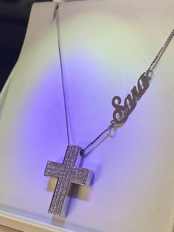 COLLANA GIROCOLLO COLLIER CON NOME A SCELTA E CIONDOLO CROCE A FILO  UOMO DONNA IN ORO BIANCO 18 KT E DIAMANTI NATURALI 0,60 CT