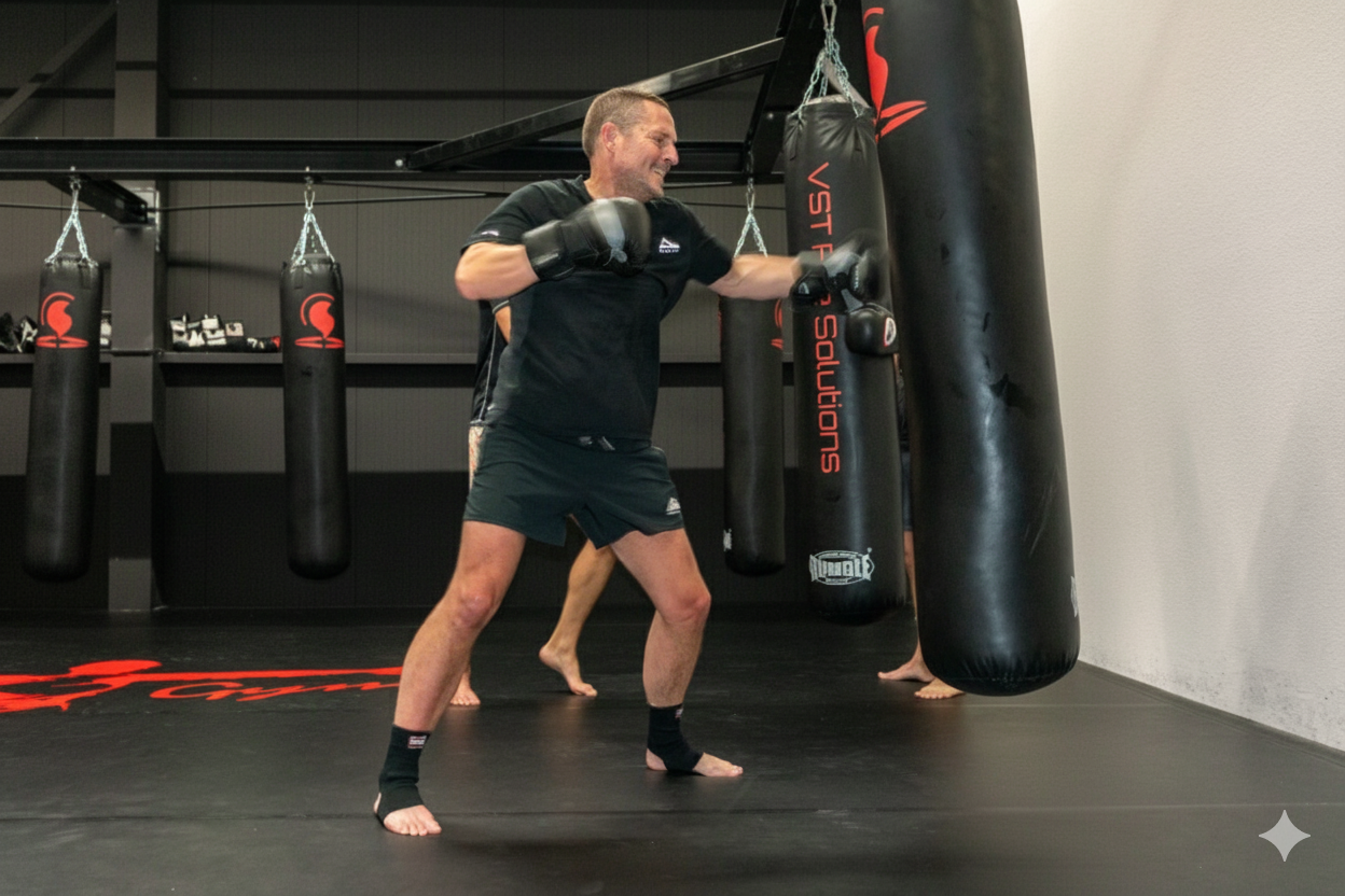 Bokszaktraining, trainer slaat op een bokszak. 