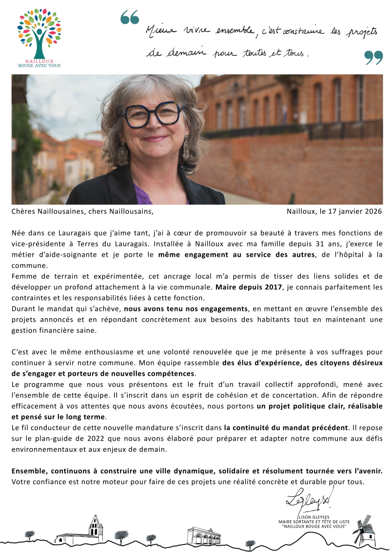 Mieux vivre ensemble, c'est construire les projets de demain pour toutes et tous - Lison Gleyses, candidate aux municipales de Nailloux