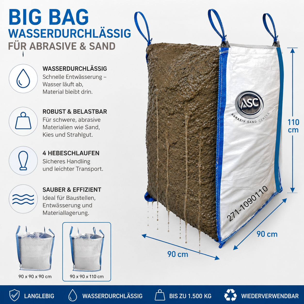 wasserdurchlässigen Big Bag sind speziell für die Anforderungen der Steinindustrie und Metallverarbeitung entwickelt. Dank des unbeschichteten, atmungsaktiven PP-Gewebes kann Wasser problemlos ablaufen, während das Material