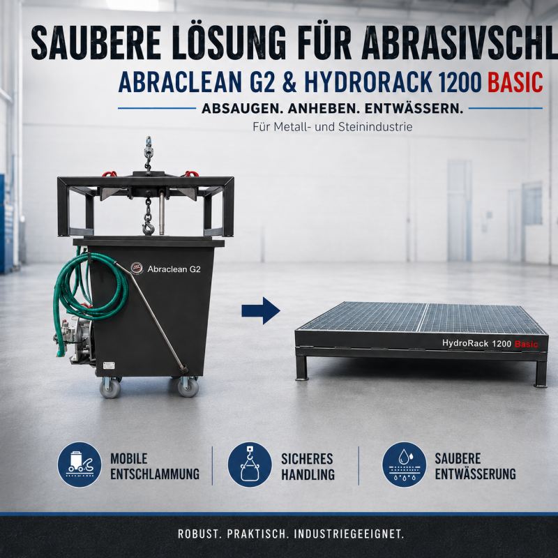 AbraClean  G2 ist unsere Mobile Entschlammungsanlage, hergestellt bei Abrasiv Sand Center. Einzigartig und Universell einsetzbar in der Metall- und Steinindustrie. 