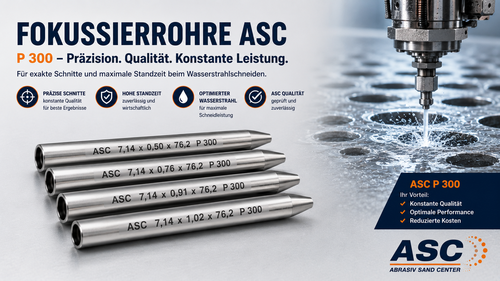 Präzise Fokussierrohre in ASC P 300 Qualität für Wasserstrahl-Schneidköpfe