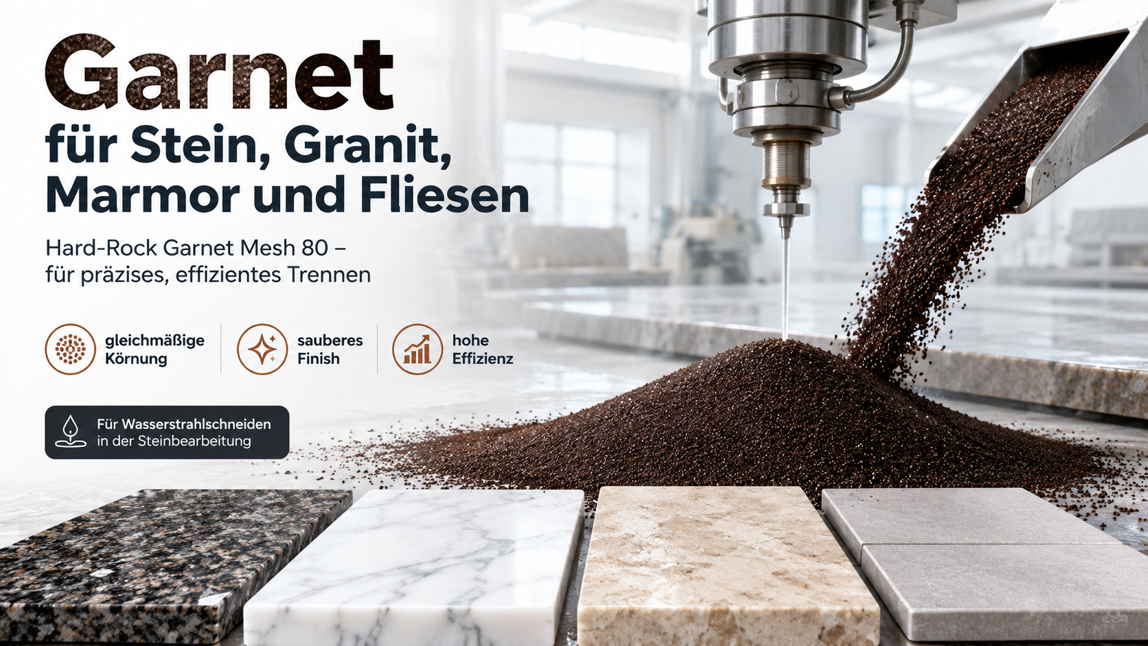 Garnet zum Wasserstrahlschneiden in der Steinindustrie. Speziell für Marmor, Granit, Stein, Fliesen oder ähnlichen Materialien. In der Körnung 0,06 bis 0,1 oder 0,1 bis 0,25
