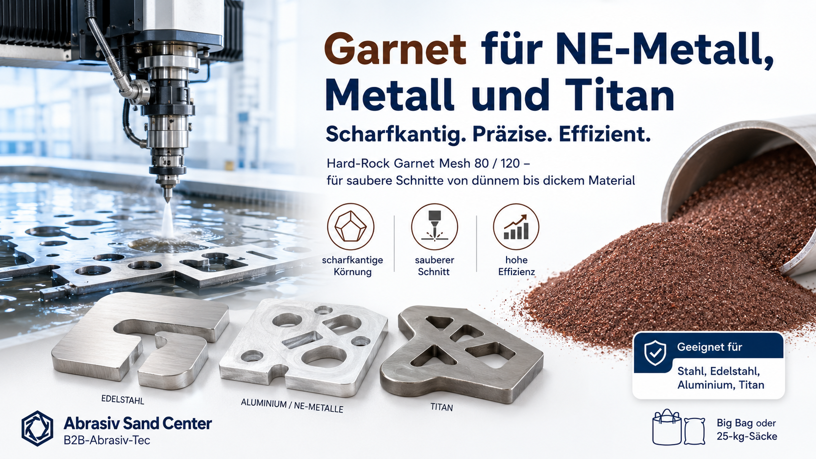 Garnet um Ne- und Metall von 40 - 70 mm, bis 150 mm oder bis 300 mm Materialdicke abrasiv Wasserstrahl zu schneiden. Qualität in Hard Rock und keine Beach Qualität.