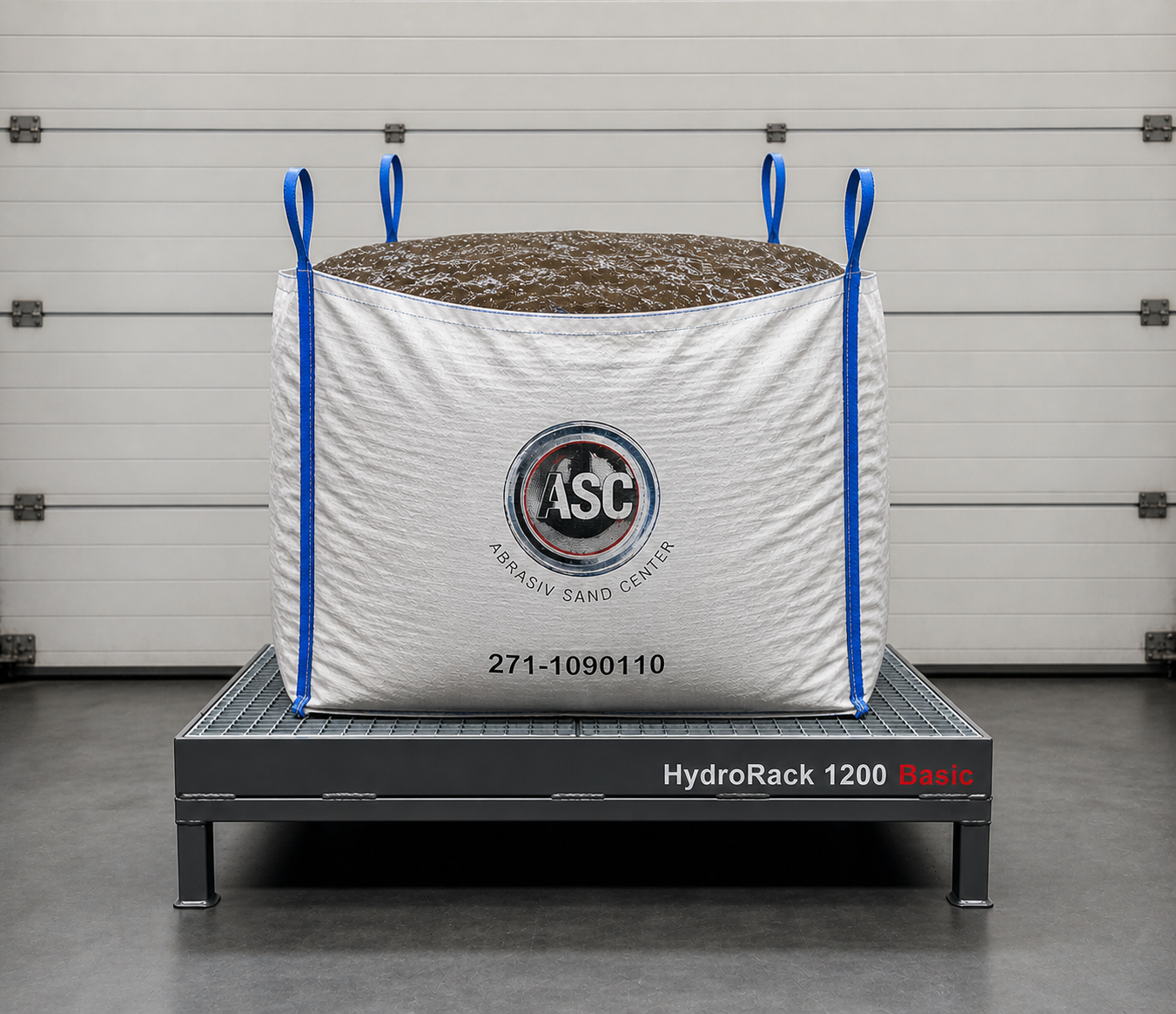 Auffangwanne HydroRack 1200 Basic zum entwässern von Big Bag. Material wie Abrasiv Material, Kisel, Kieselsteine,  Schleifschlamm, 
