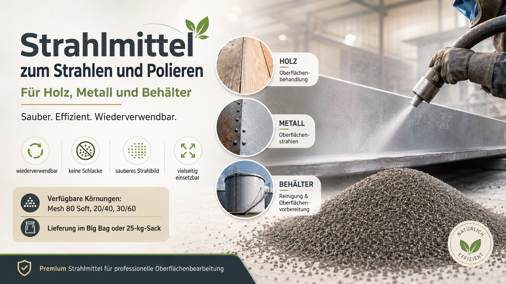 Unser Premium Strahlmittel Mesh 80 Soft, bieten wir eine optimale Leistung für das Sandstrahlen und Polieren. Unser Strahlmittel ist wieder verwendbar und keine Schlacke. Erfahren Sie mehr auch über die Vorteile von Mesh 20/40 und 30/60