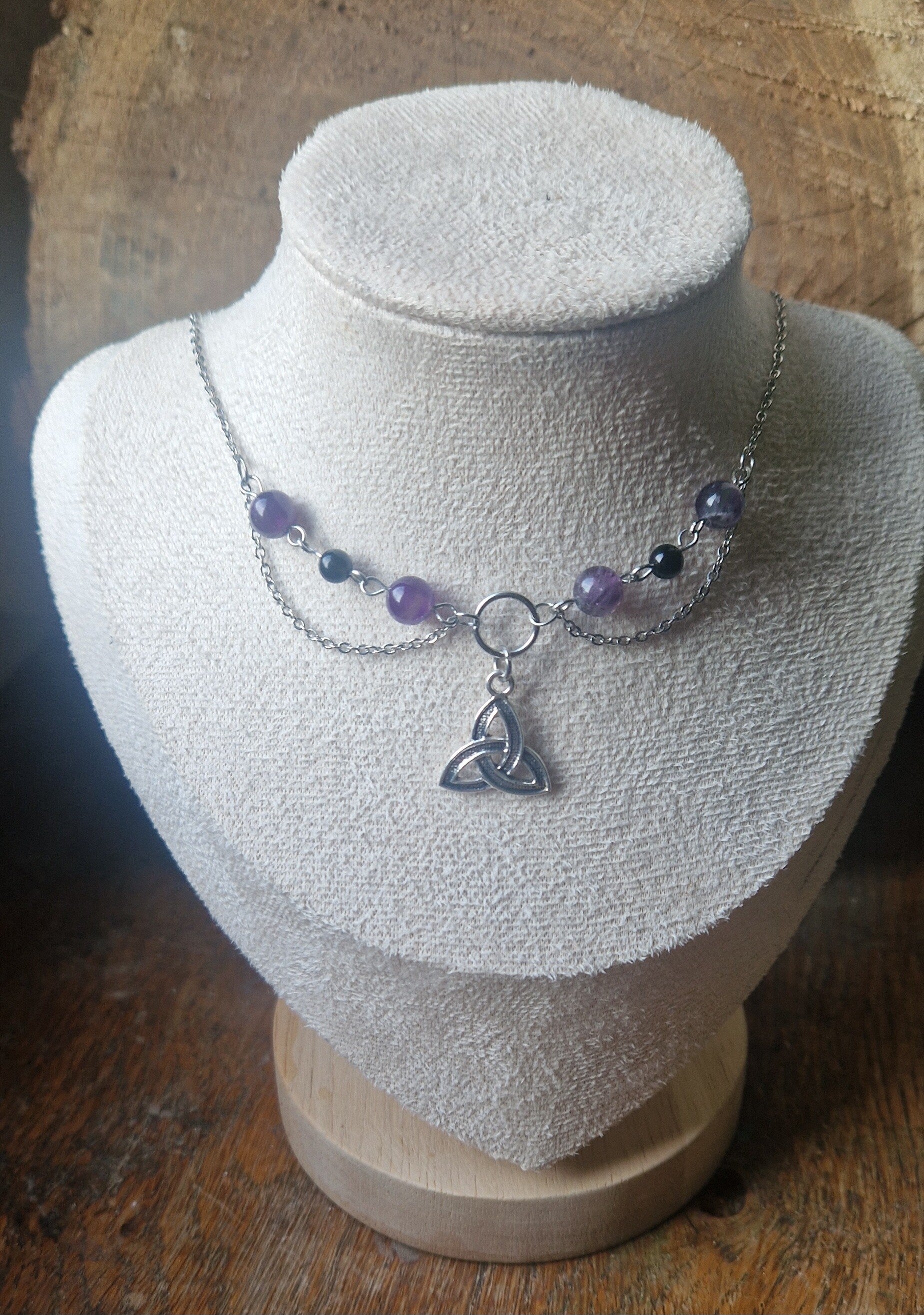 🔮Collier ras-de-cou Witchcore améthyste et obsidienne noire 🔮