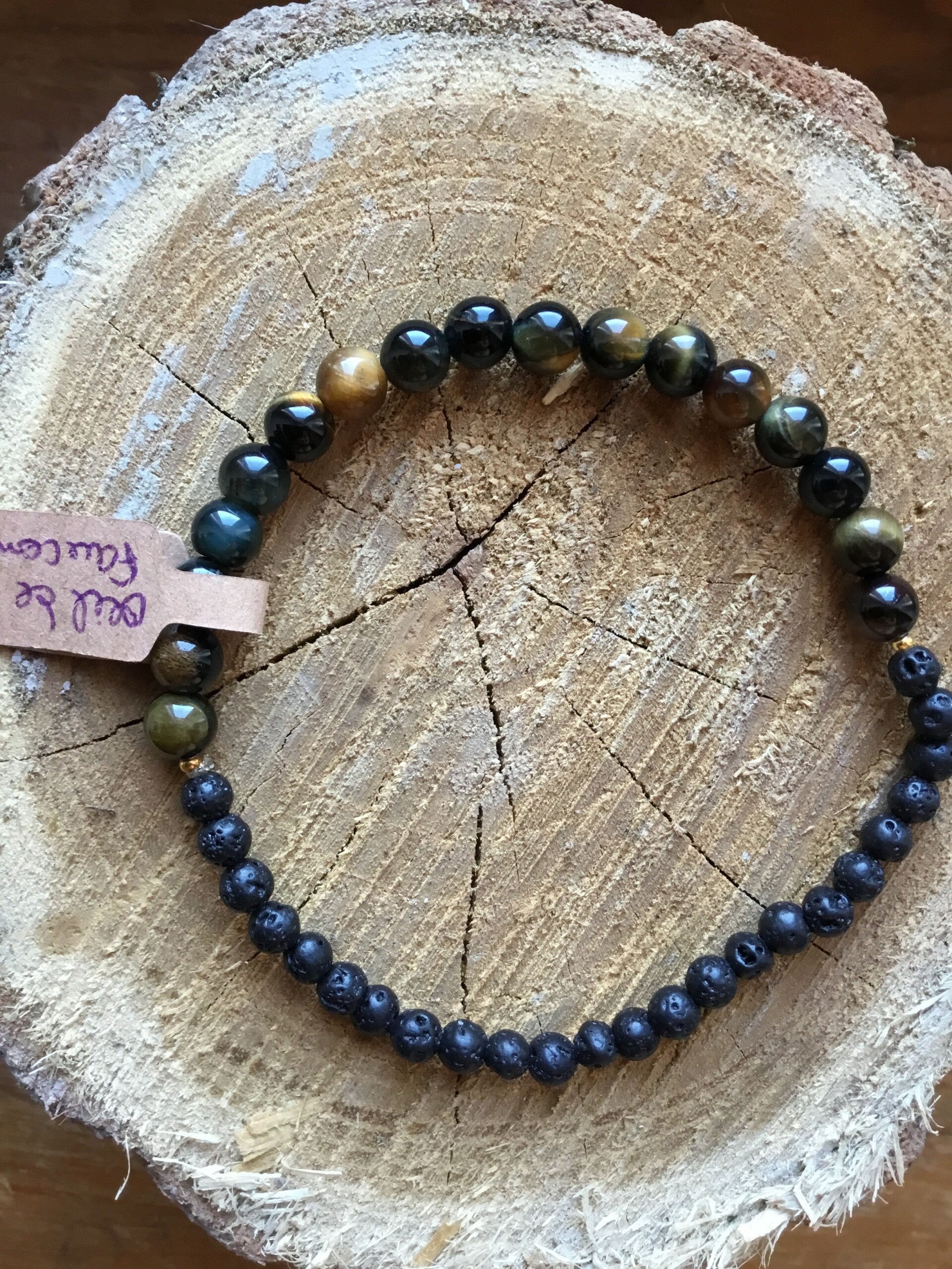 Bracelet boule œil de faucon et pierre de lave homme